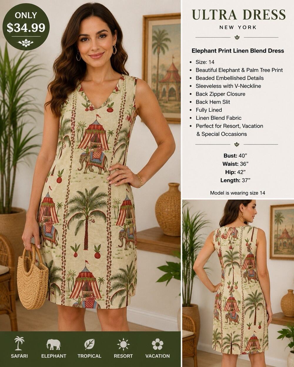 Ultra Dress New York Size 14 Elephant Palm Tree Print Linen Blend Sheath Dress